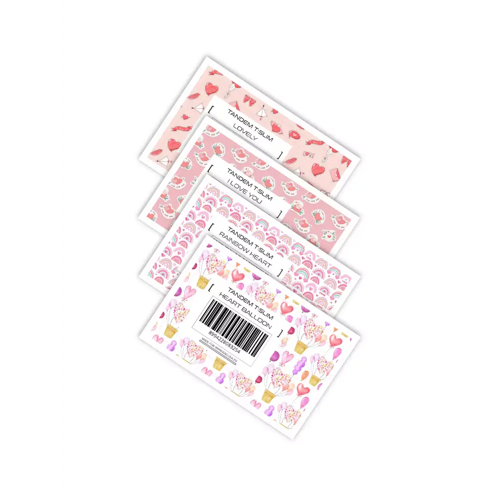 Valentine-themed Tandem T Slim Insulin Pump Stickers with hearts and love designs, laminated and waterproof.