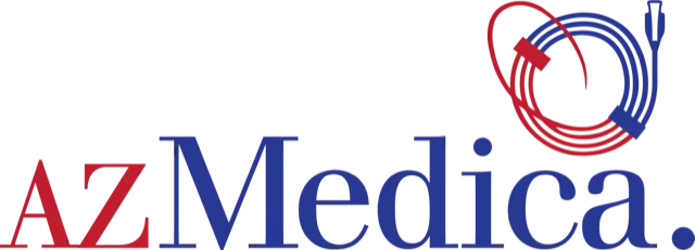 AZ Medica logo with red "AZ" and blue "Medica", featuring coiled red and blue medical cables. Obraz