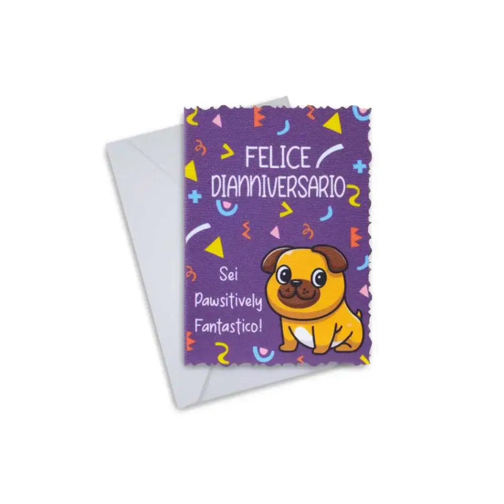 Inspiring Diaversary greeting card with colorful design and cartoon dog, featuring text "Felice Dianniversario."