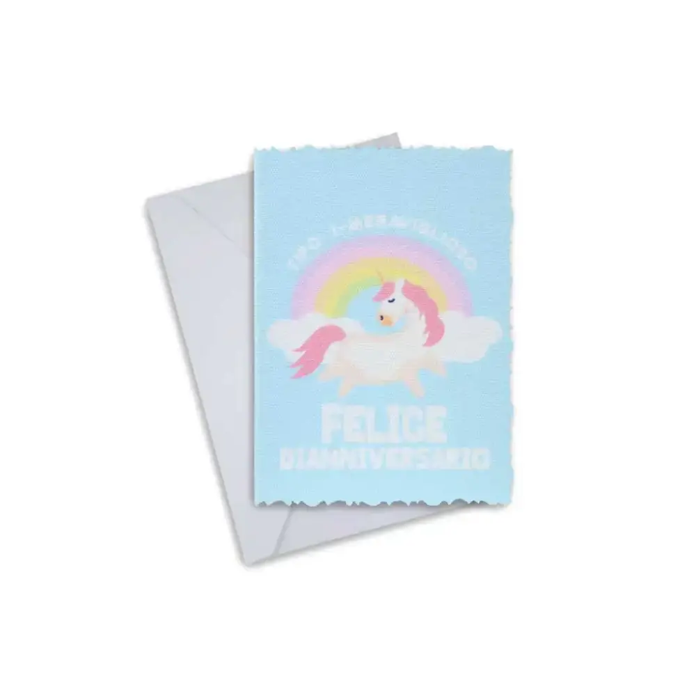 Diaversary card with unicorn and rainbow design, includes envelope, ideal for diabetes anniversary.