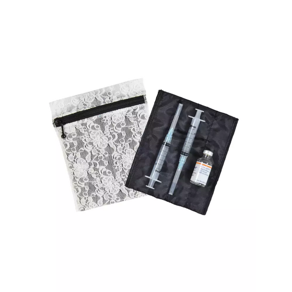 Insulin cooling wallet in lace design with syringe and vial compartments.