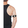 Dexcom G7 grey adjustable armband with rotating clip worn by person in black tank top.