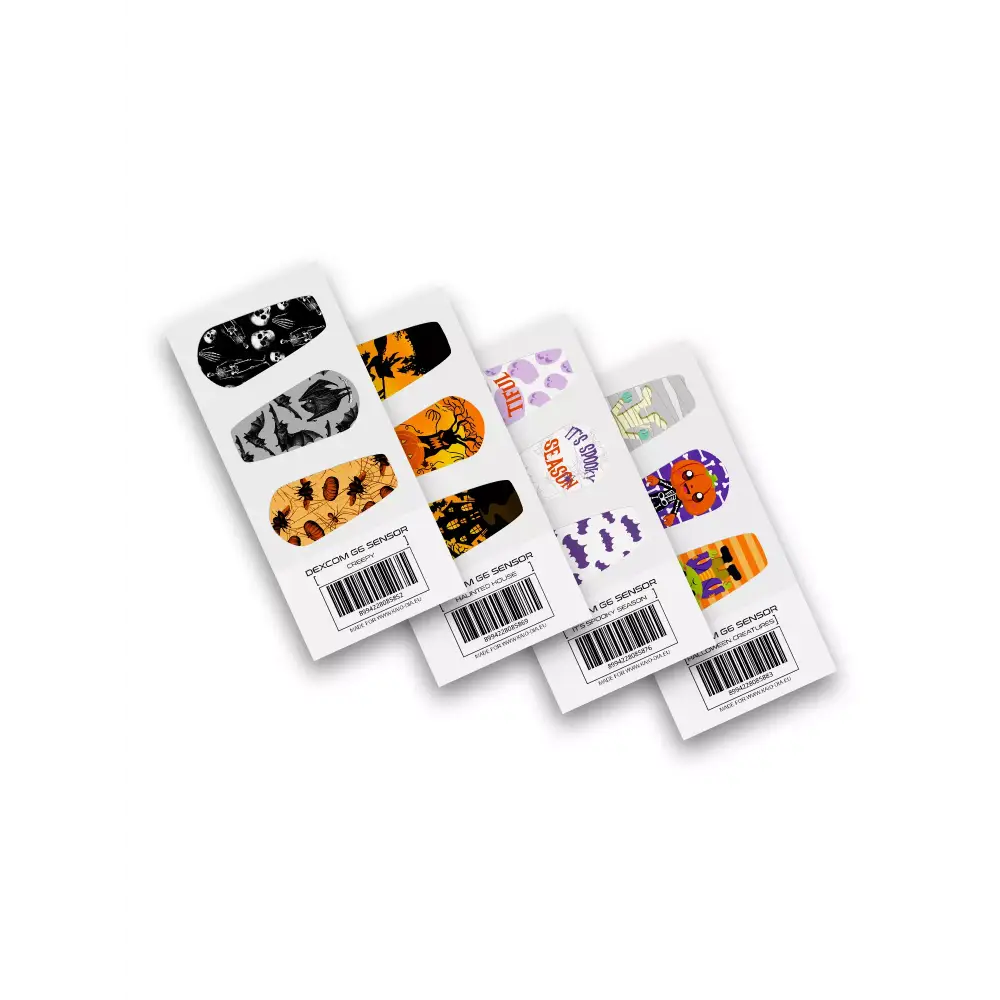 Dexcom G6 Halloween Stickers Sheets - Various designs featuring skeletons, bats, pumpkins, witches, and Halloween characters in vibrant colors.