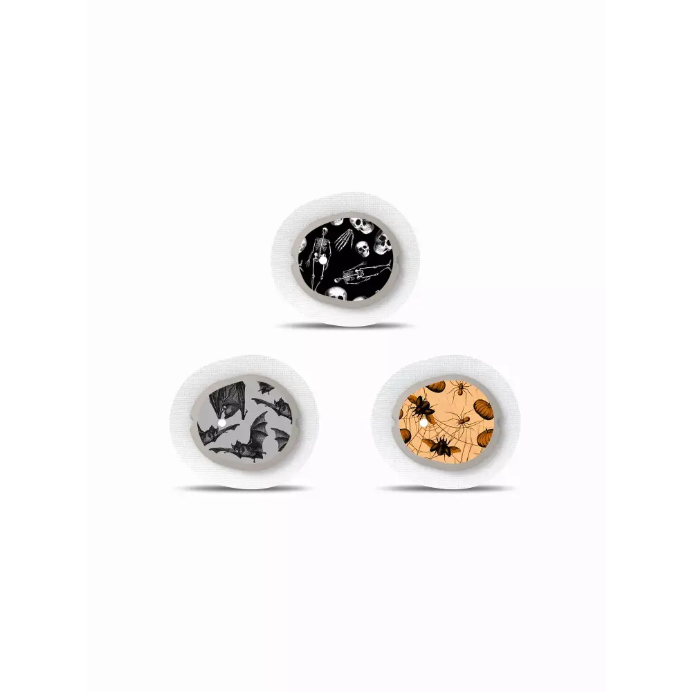 Dexcom G7 Stickers - Halloween 2024 featuring festive designs like bats, skulls, and pumpkins for sensor protection.