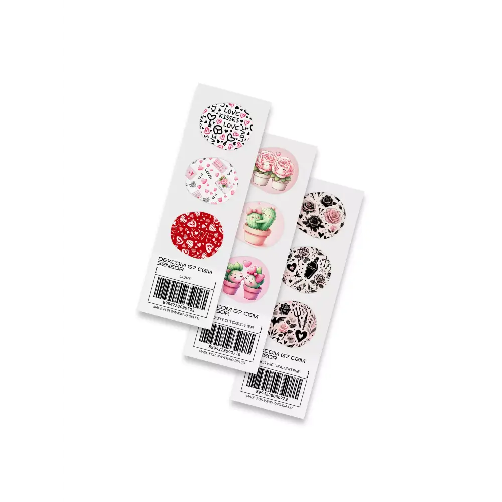 Three strips of Dexcom G7 Stickers featuring hearts, cupcakes, and floral patterns
