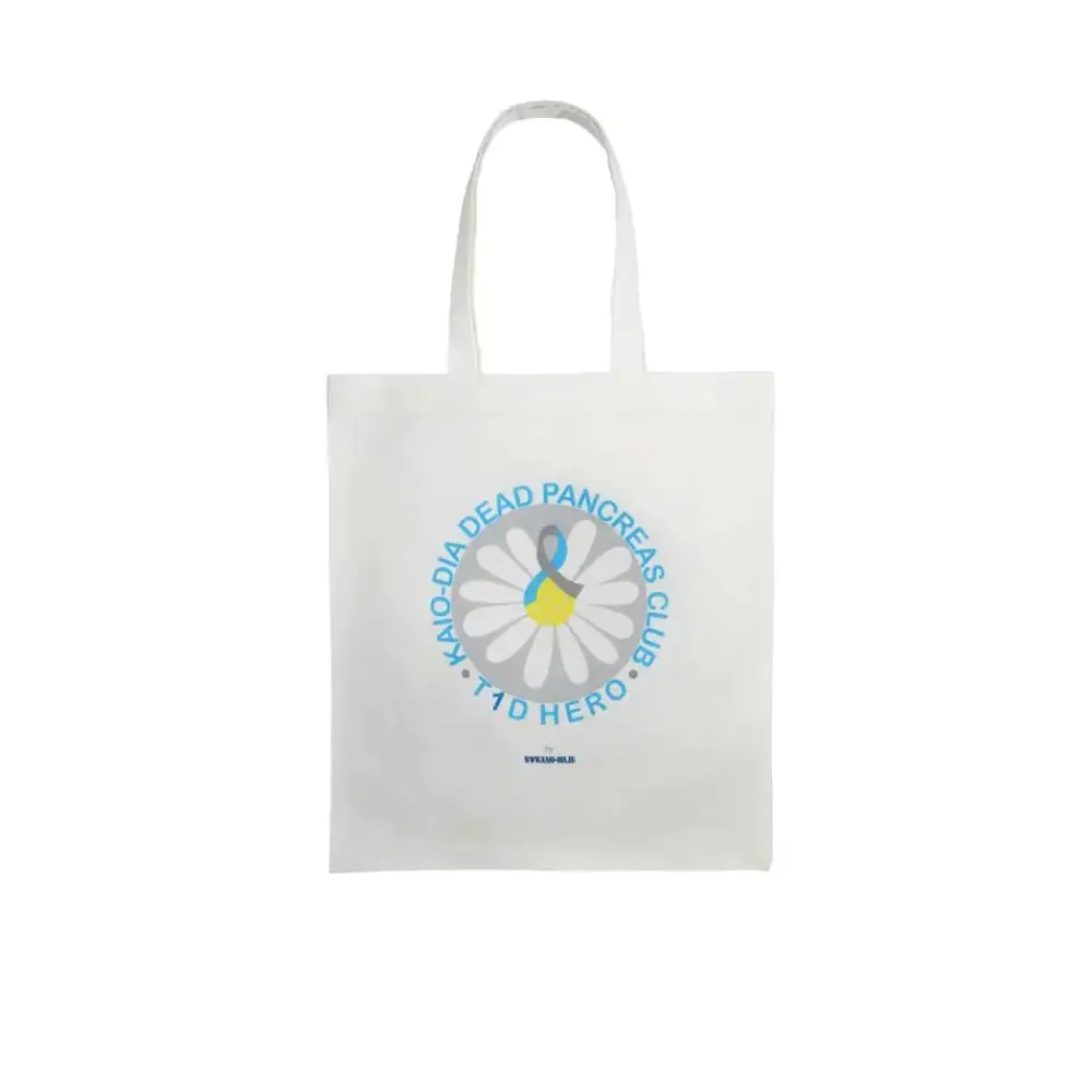 Diabetes Awareness Tote Bag with "Dead Pancreas Club" design and T1D Hero logo.