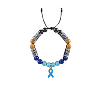 Diabetic awareness bracelet with blue ribbon charm and multicolored beads.
