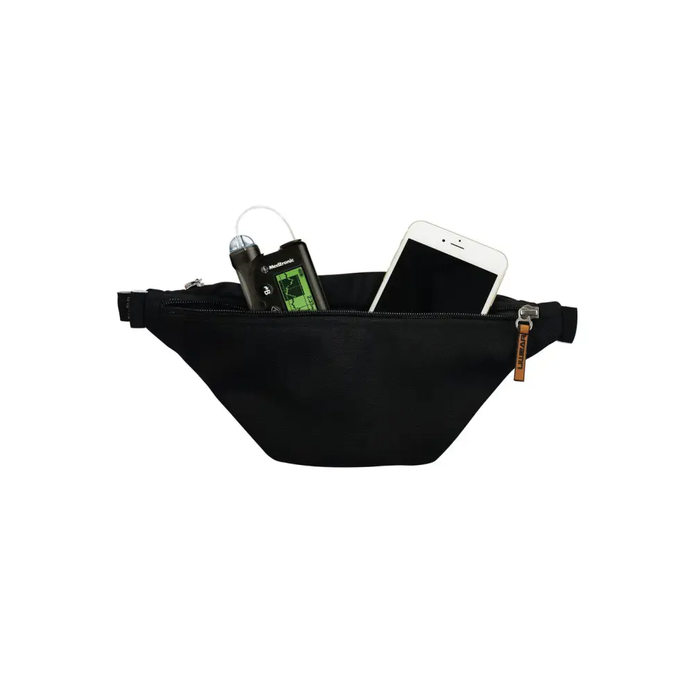 Black Dia-Fanny Pack displaying electronic devices and diabetic supplies inside