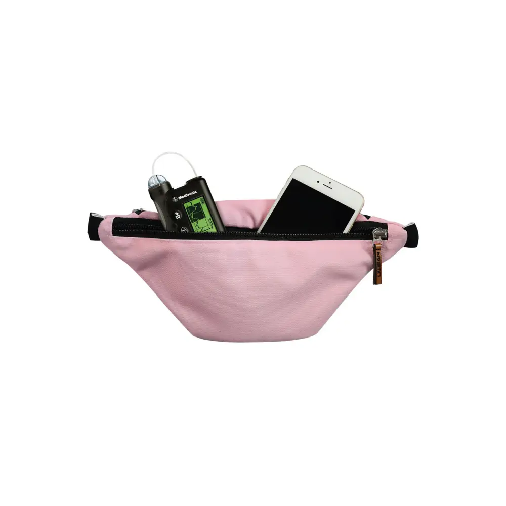 Pink Dia-Fanny Pack with electronic devices for diabetic supplies and insulin pump