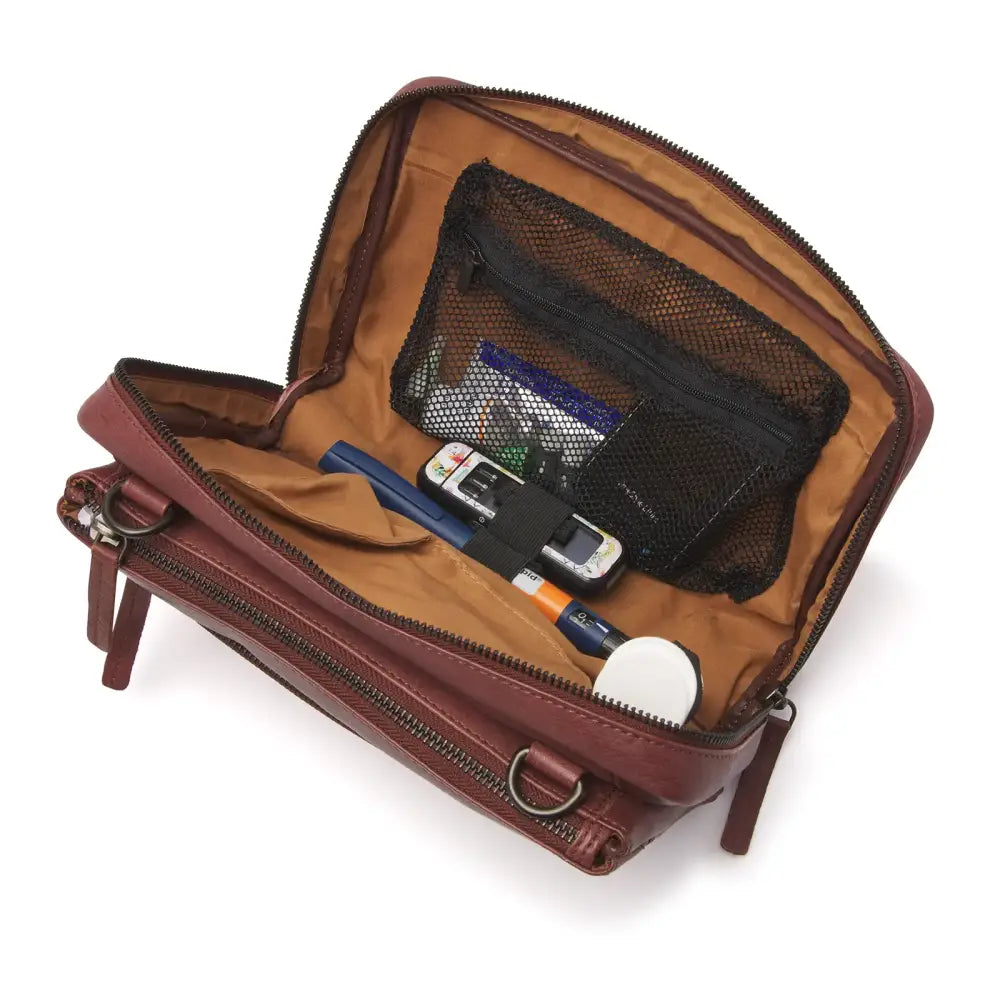 Interior of Brown Leather Diabetic Supplies Shoulder Bag - MARLY showing compartments