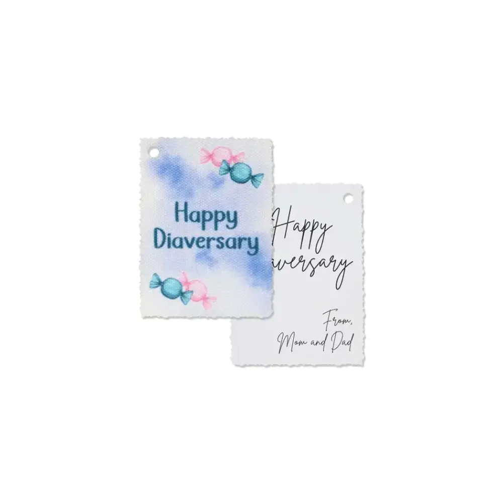 Diaversary gift tags with colorful candy designs, crafted on durable canvas.