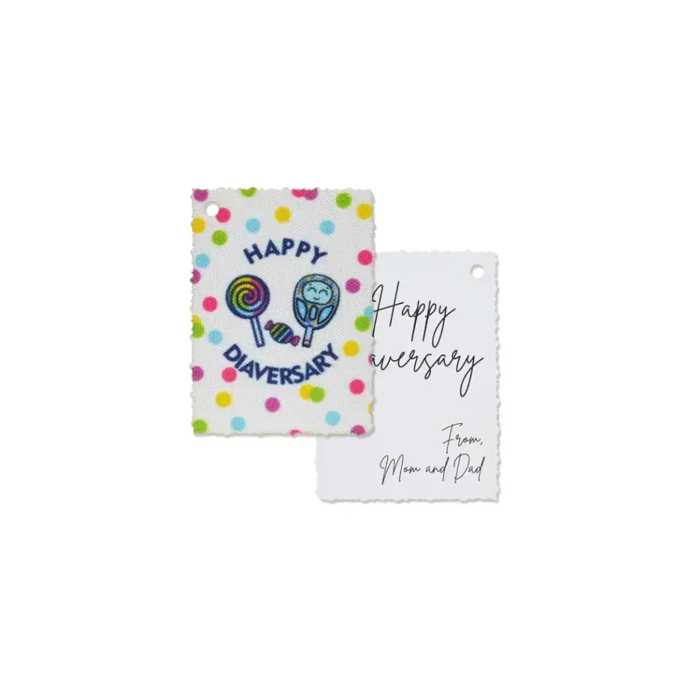 Diaversary gift tags with colorful polka dots, lollipop graphics, and a blank side for messages.
