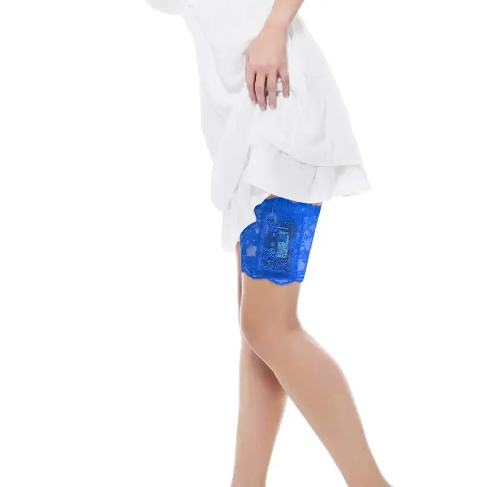 Blue lace garter securely holding an insulin pump on a woman's thigh under a white dress, designed for comfort and style.