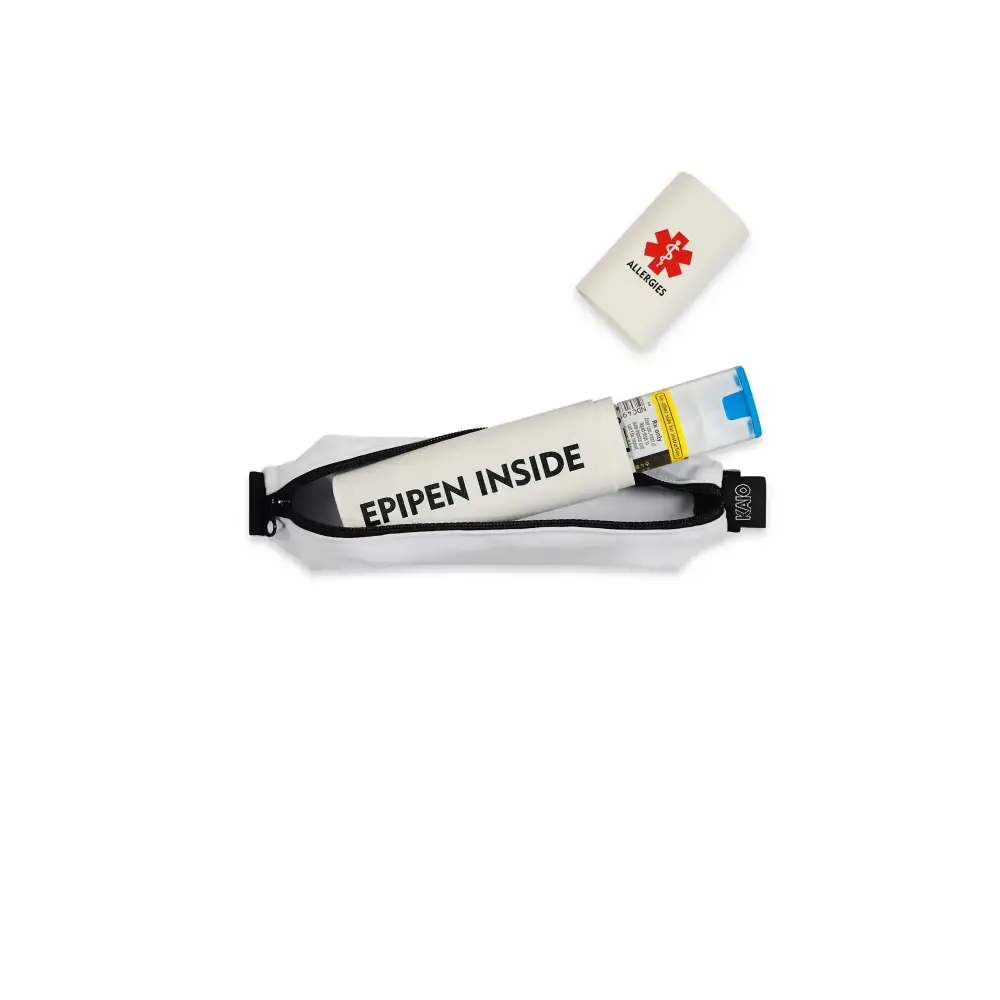 Insulin pen and diabetes supply holder pouch labeled "Epipen Inside" with zipper closure and allergy alert card.