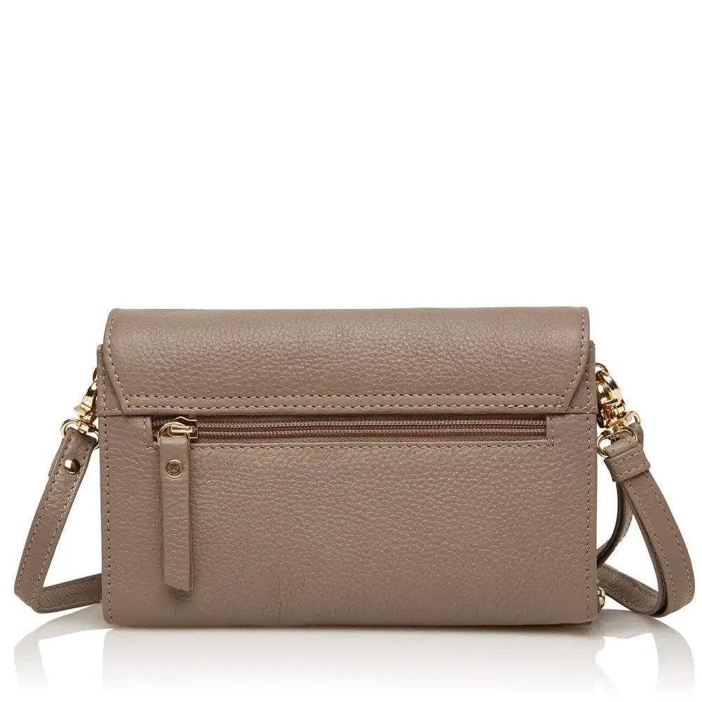 Taupe feminine leather diabetic shoulder bag with adjustable strap and zippered pocket