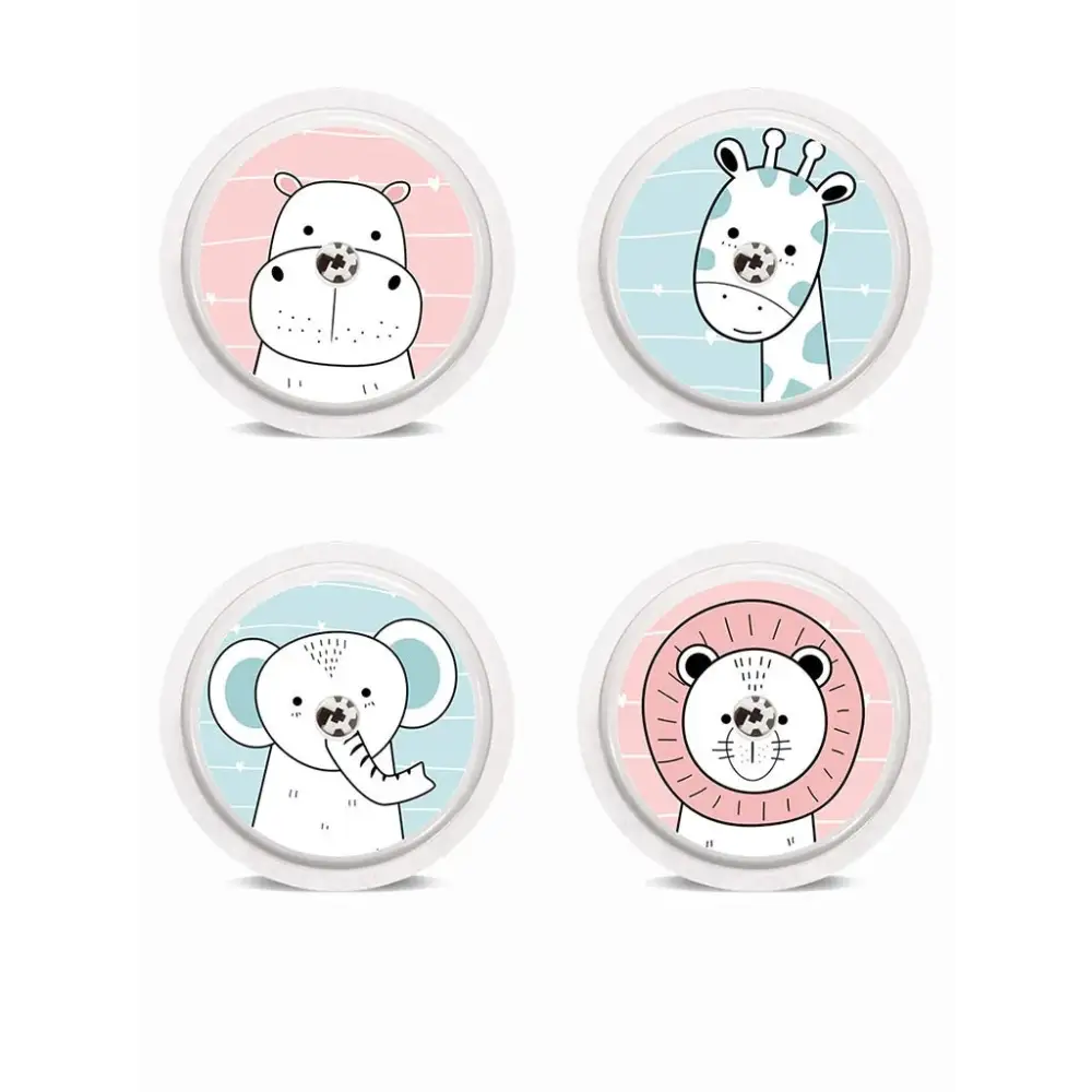 Freestyle Libre stickers with animal designs for sensor customization.