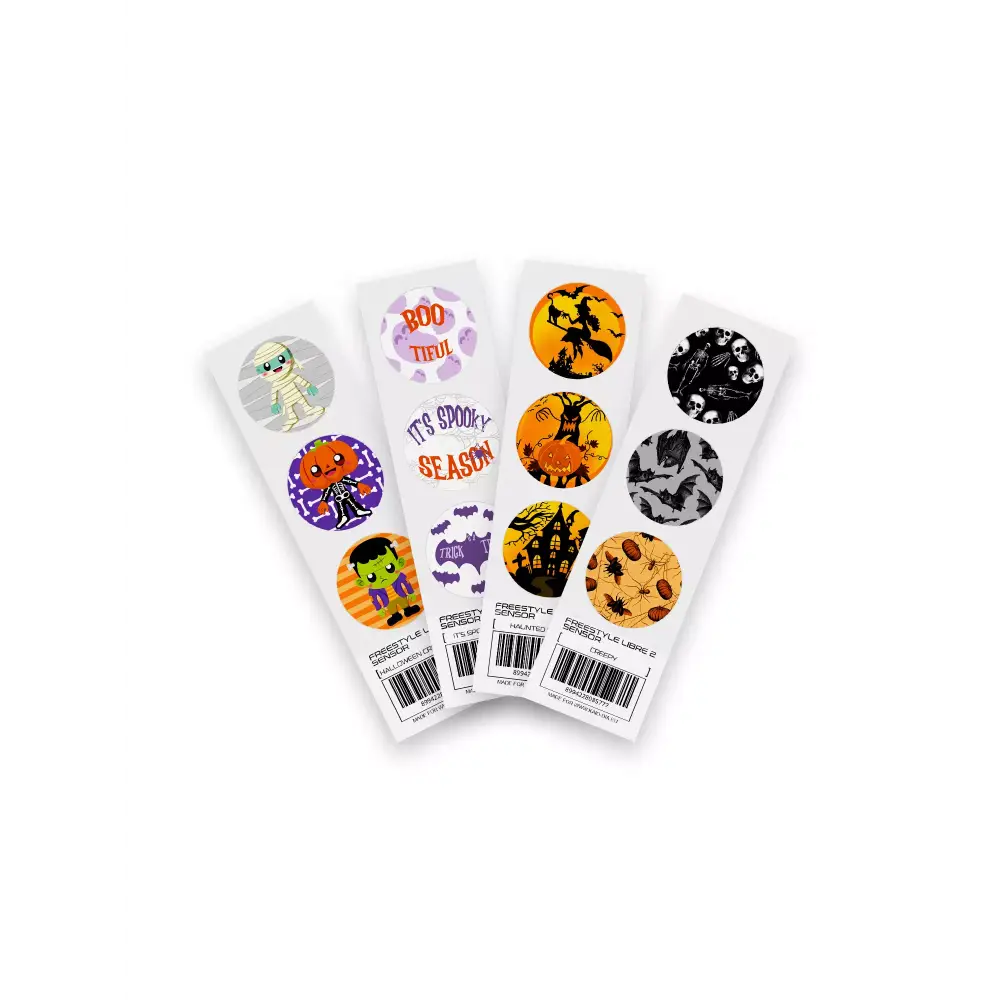 Freestyle Libre 2 Halloween Stickers Sheets - Various designs featuring skeletons, bats, pumpkins, witches, and Halloween characters in vibrant colors.
