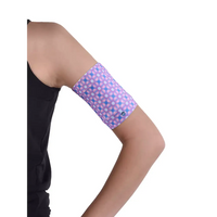 Glucose monitor and insulin pump armband in pink geometric pattern, worn on upper arm for diabetes device protection and comfort.