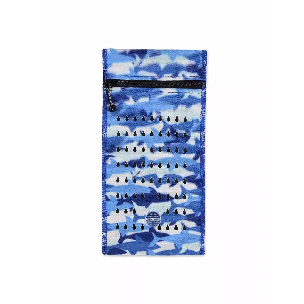 Insulin cooling wallet for kids with blue camouflage design, zipper closure, fits 2 insulin pens or vials.