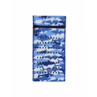 Insulin cooling wallet for kids with blue camouflage design, zipper closure, fits 2 insulin pens or vials.