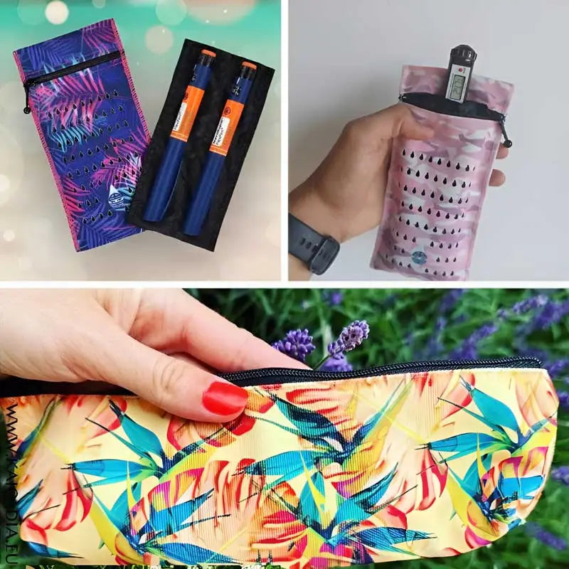 Colorful insulin pen cooling cases with tropical patterns, some holding pens and a thermometer.