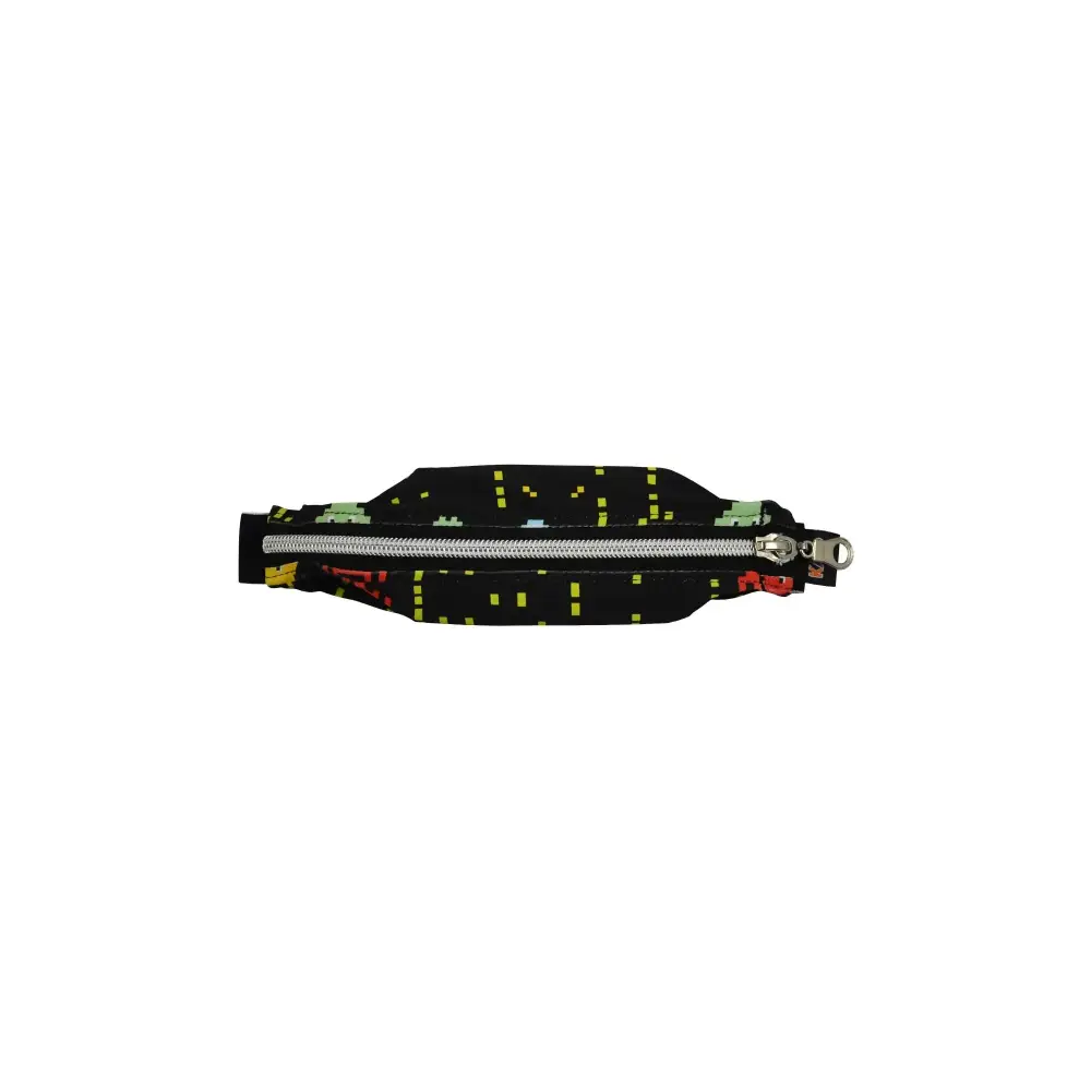 Wide insulin pump belly pouch with reinforced openings and durable zipper, black with yellow and green accents.