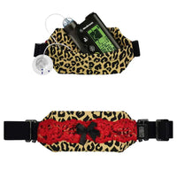 Leopard print insulin pump body pouch with red lace and black bow detailing, secure fit with reinforced infusion tube opening.
