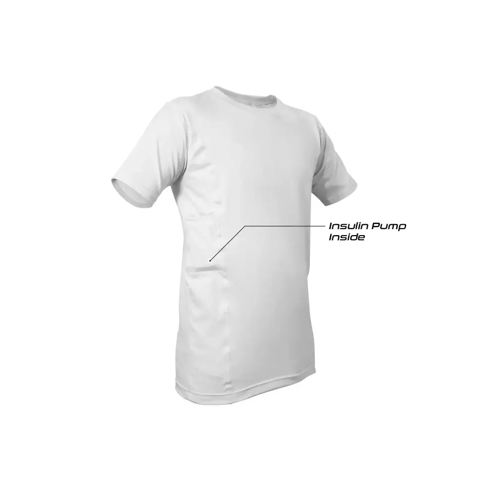 Insulin pump t-shirt with side pockets for pump storage.