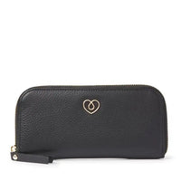 Elegant black leather diabetic case with heart emblem, ensuring stylish organization for diabetes care essentials.