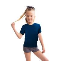 Insulin pump t-shirt for kids in blue with dual-sided pockets and soft fabric.