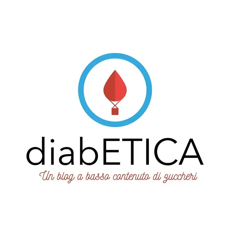 Diabetica blog logo: red blood drop in blue circle, with "Diabetica" text and "Un blog a basso contenuto di zuccheri. Obraz