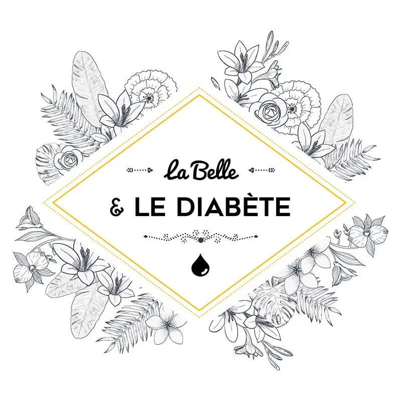 Logo "La Belle & Le Diabète" with a gold diamond frame and black and white floral illustrations. Obraz