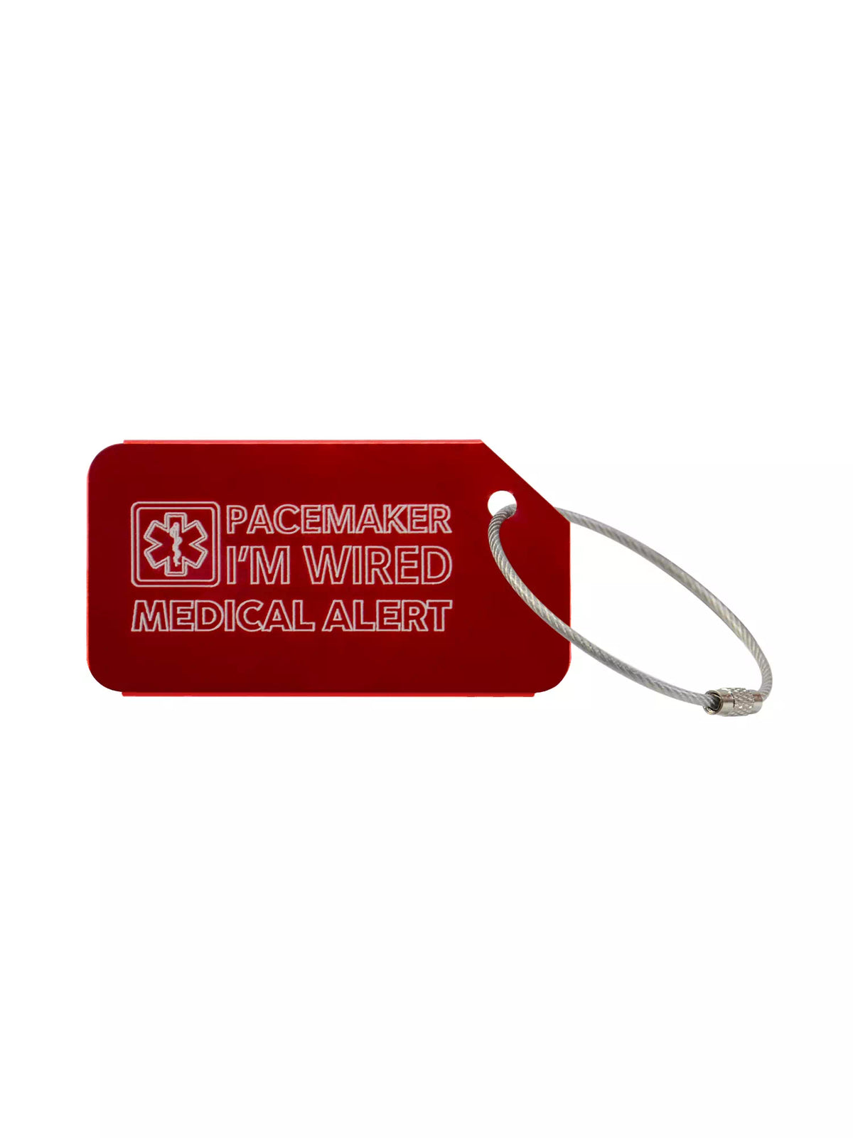 Red medical luggage tag with the text 'Pacemaker I'm Wired Medical Alert' engraved.