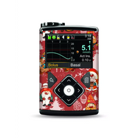 Medtronic MiniMed pump with Christmas-themed stickers displaying medical data
