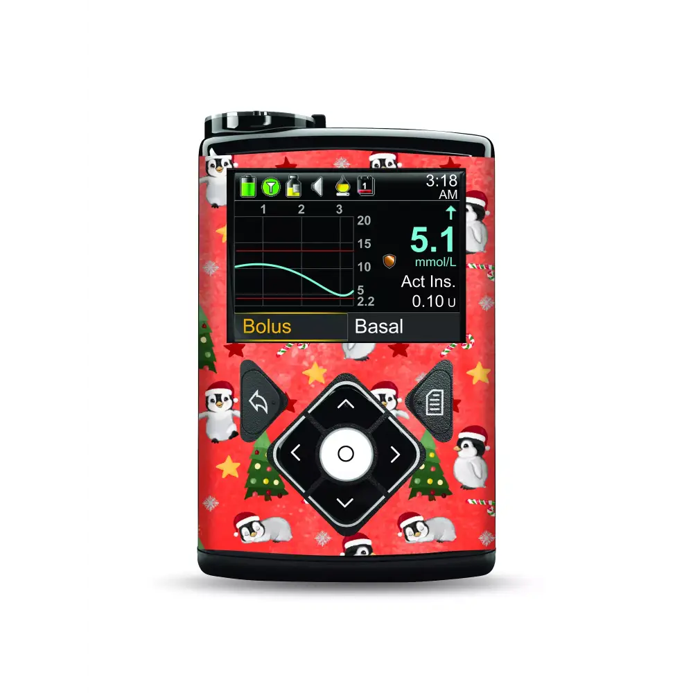 Insulin pump decorated with festive skin from Medtronic MiniMed Stickers Christmas 2024