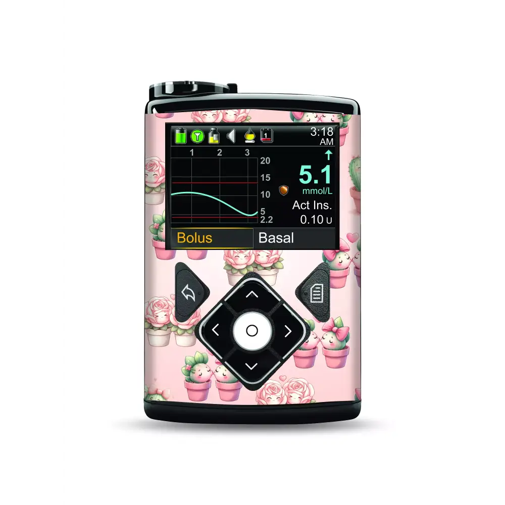 Medtronic MiniMed insulin pump with Valentine 2025 sticker, floral design.