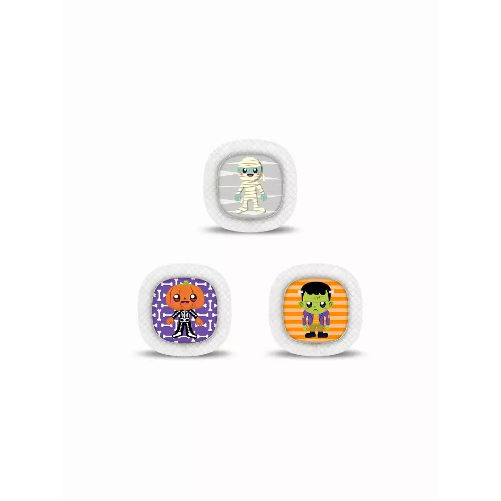 Playful Halloween characters in vivid colors on a CGM sticker, enhancing diabetic accessories with festive fun.