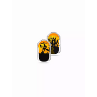 Medtrum Slim CGM Stickers - Set of 2 with haunted house designs, featuring witches, haunted houses, and spooky trees on a vibrant orange background.