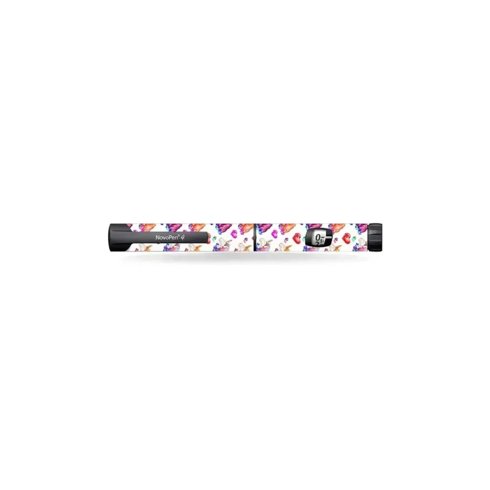 Novopen Echo insulin pen with colorful kids stickers for personalization.