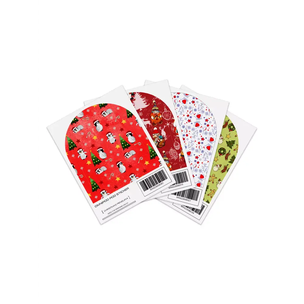 Colorful Omnipod Pod Stickers featuring festive Christmas designs and patterns