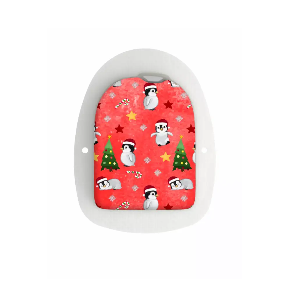 Festive red Omnipod Pod Stickers featuring penguin and Christmas tree pattern