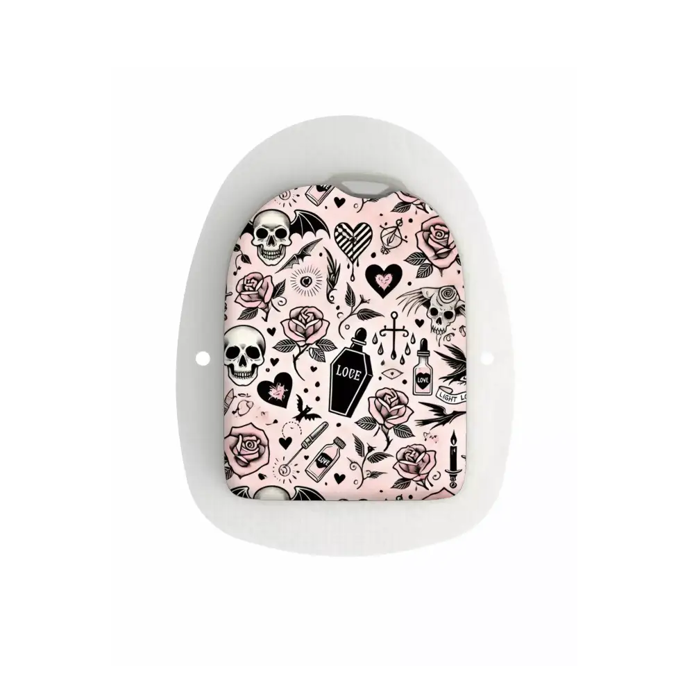 Omnipod POD Stickers Valentine Edition 2025 featuring Gothic Valentine design with skulls, roses, and hearts.
