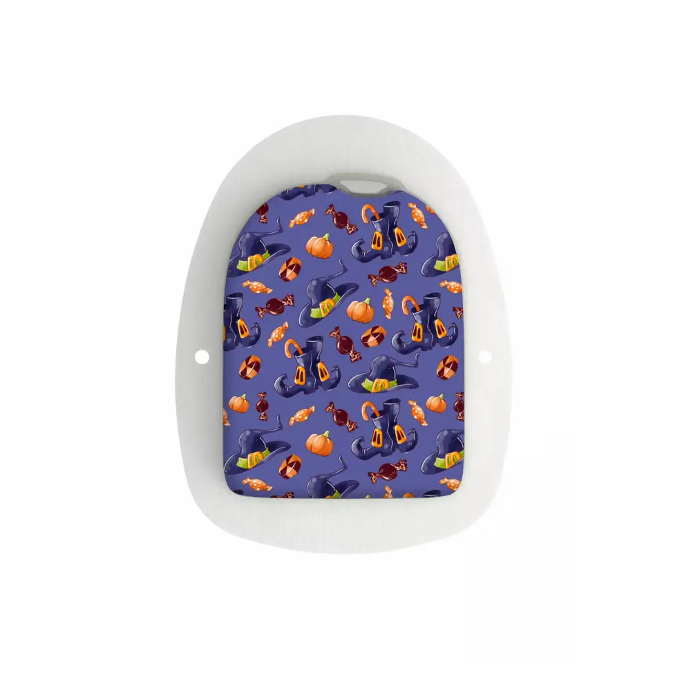 Halloween-themed Omnipod POD sticker with pumpkins and candy design.