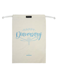 Kaio-Dia Diaversary Shoe Bag with 'Happy Diaversary' design, front view showing drawstring closure. Durable cotton material with light blue diabetes-inspired print.