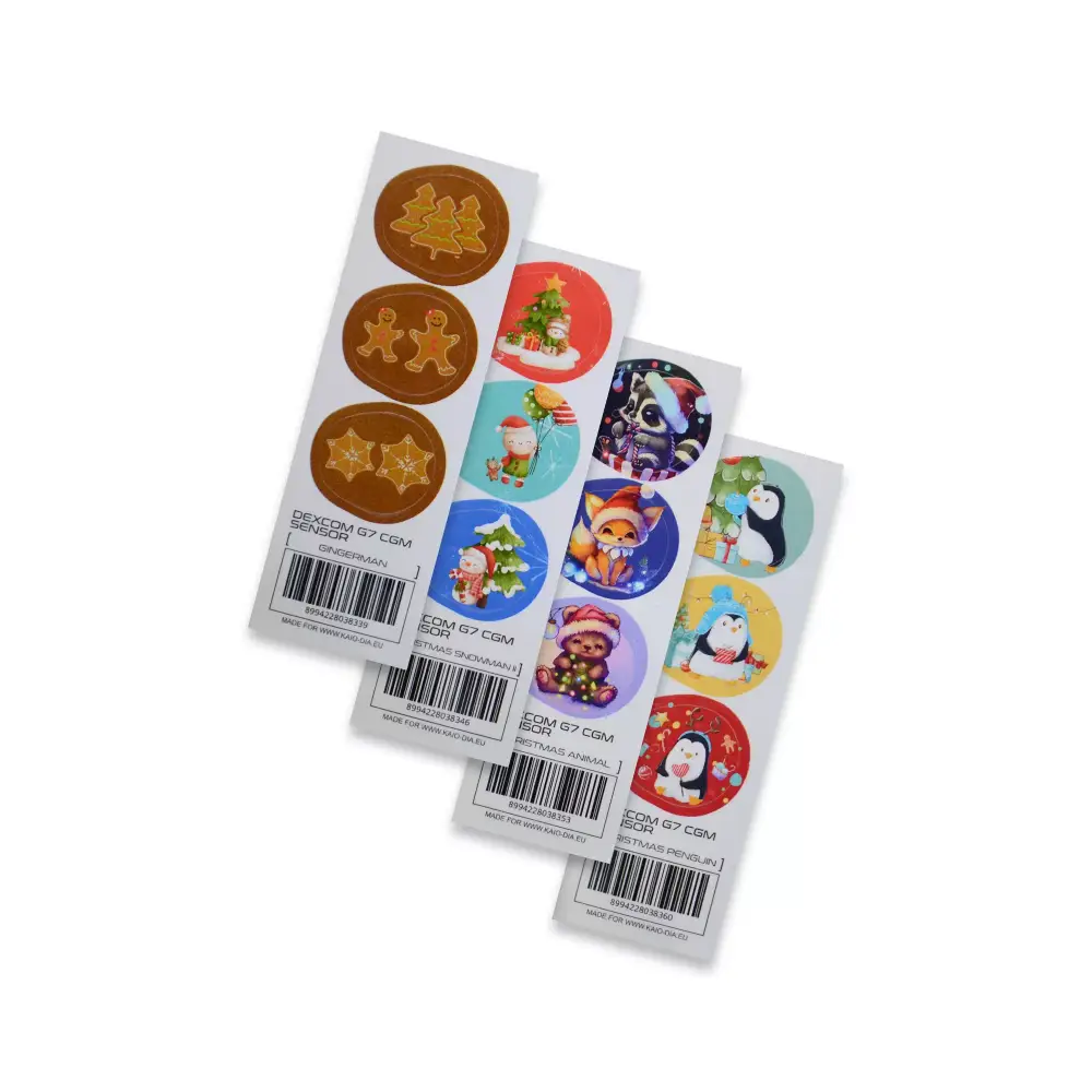 Christmas Edition Dexcom G7 CGM Sensor Stickers featuring festive designs in a set of three sheets.