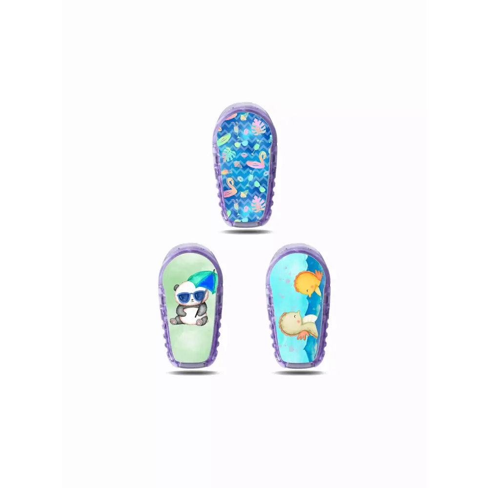 Summer-themed Dexcom G6 sensor stickers with playful designs.