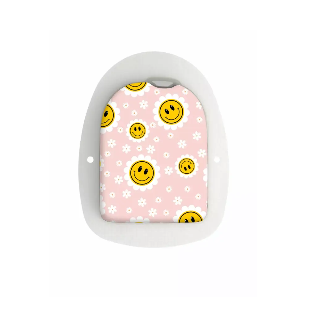 Stickers for Omnipod POD with retro Y2K smiley design on pink background.