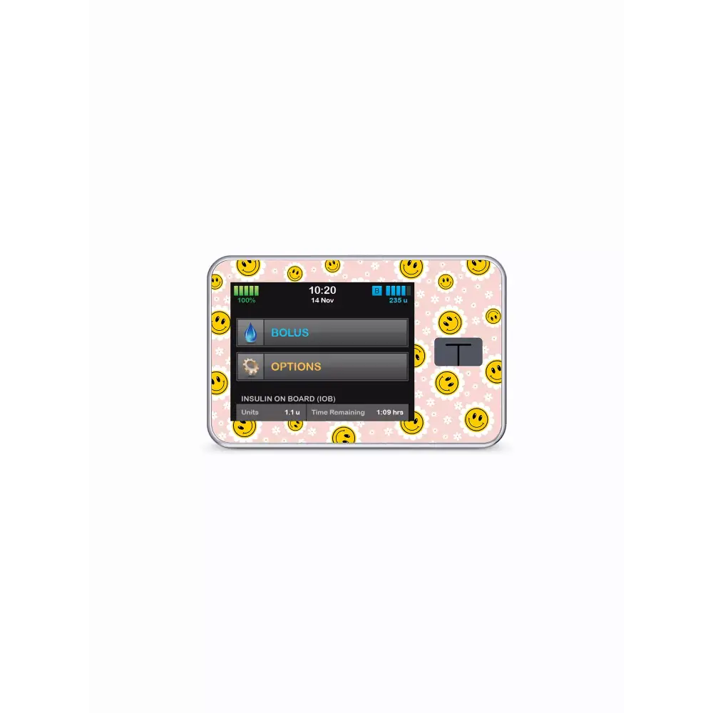 Stickers for Tandem T:slim, Y2K Collection with pastel smiley motifs.