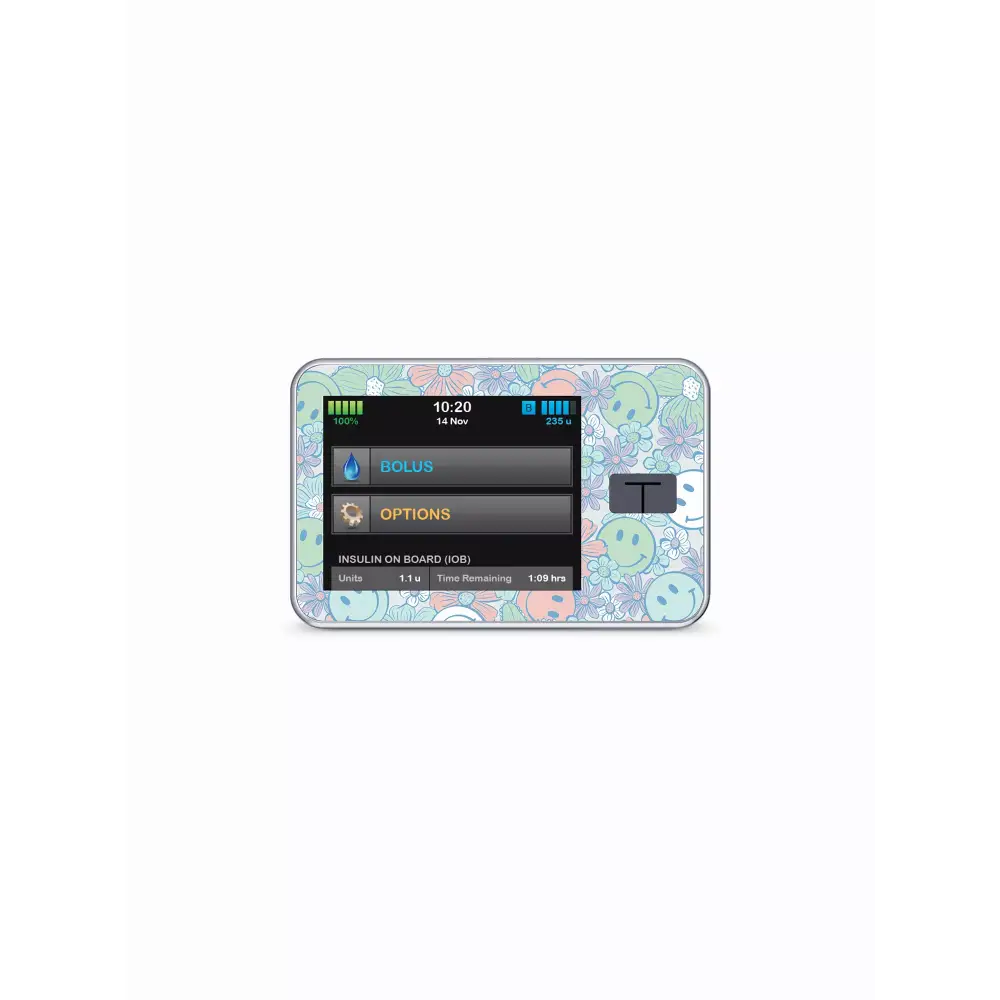 Tandem T:slim with Y2K Collection retro stickers featuring pastel smileys and florals.