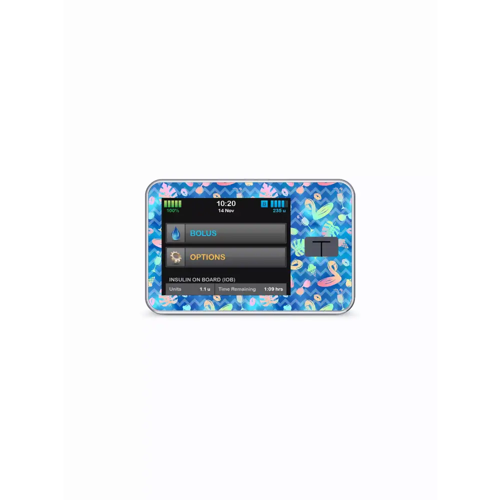 Tandem T slim insulin pump with Summer Edition beach-themed sticker.